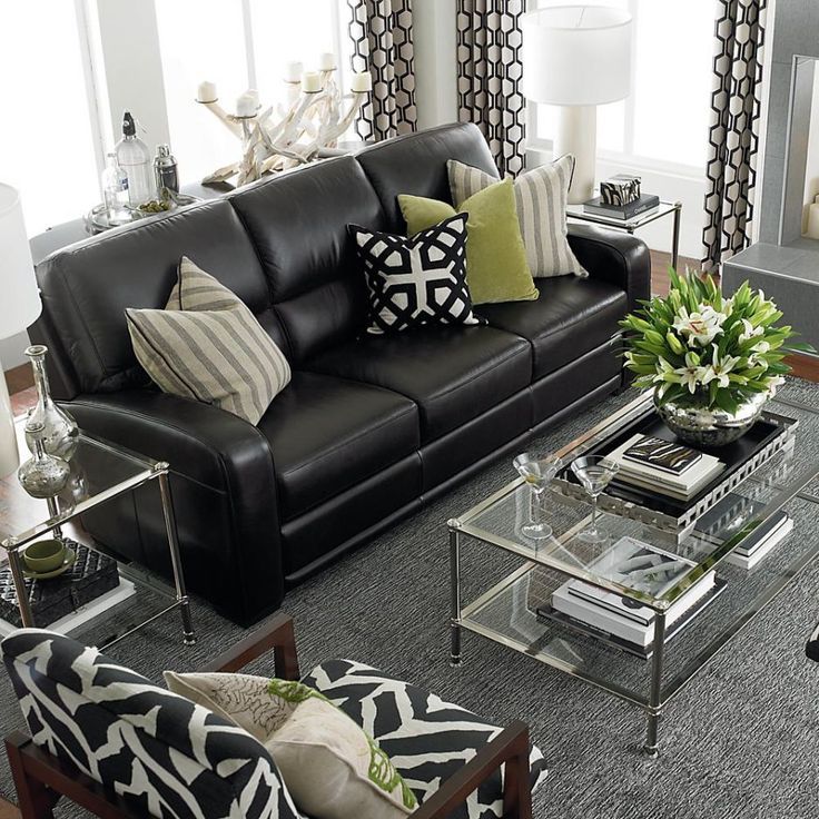 Living Room with Black Leather Sofa