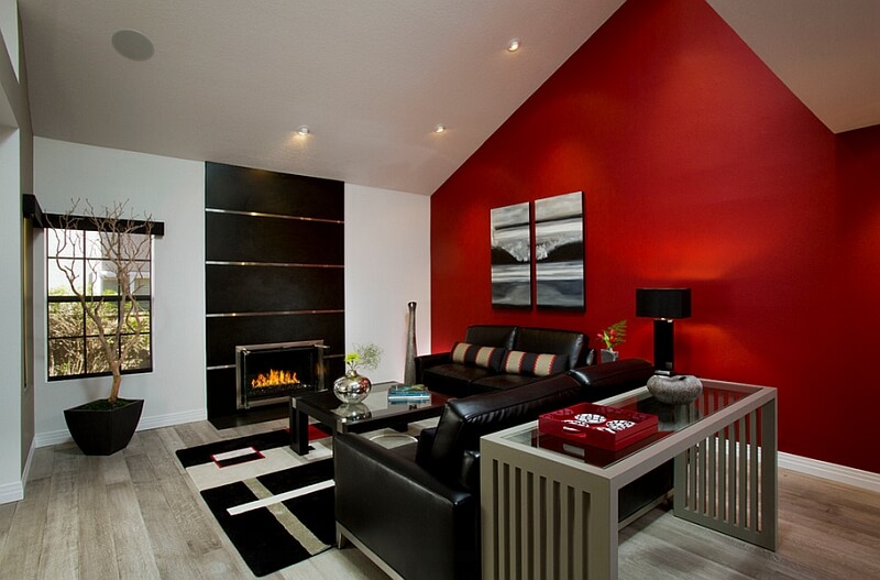 Grey Living Room With Red Accent Wall