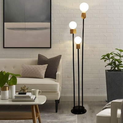 Modern Linear Stand Floor Light Metallic 3 Light Living Room Floor Lamp In Black And Wood 1593578557711