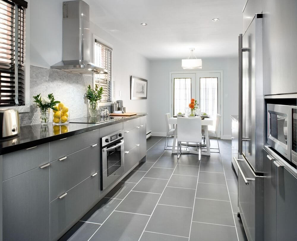 grey kitchen floor tile light blonde cabinet